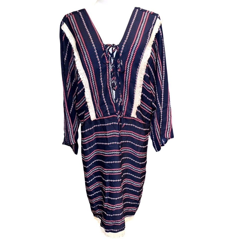 Karlie Navy Blue Stripe Fringe Lace Up Boho Mini Dress NWT Size Large